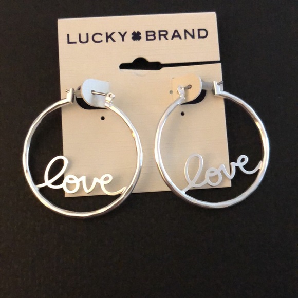 Lucky Brand Silver Tone Hoop Earrings Love In Cursive Script NWT - Picture 3 of 10